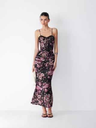 Mesh Sweetheart Neck Floral Ruched High Rise Maxi Dress