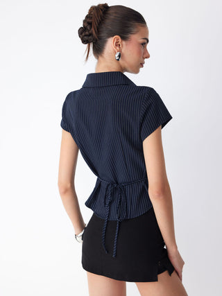 Striped Short Sleeve Ruched Drawstring Shirt