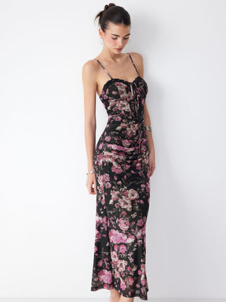 Mesh Sweetheart Neck Floral Ruched High Rise Maxi Dress