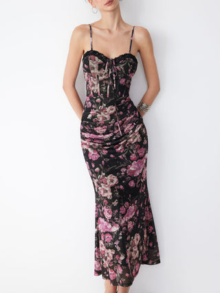 Mesh Sweetheart Neck Floral Ruched High Rise Maxi Dress