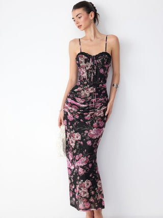 Mesh Sweetheart Neck Floral Ruched High Rise Maxi Dress