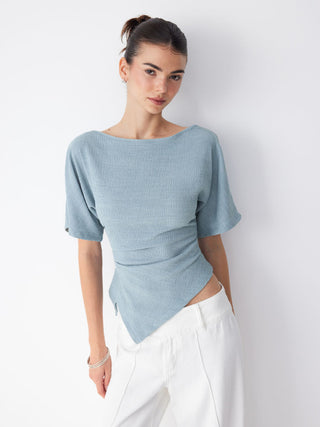 Textured Boat Neck Ruched Asymmetrical Hem Short Sleeve Tee