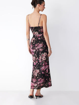 Mesh Sweetheart Neck Floral Ruched High Rise Maxi Dress
