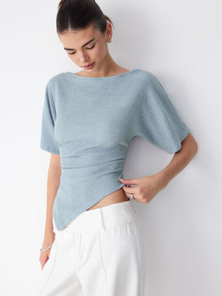 Textured Boat Neck Ruched Asymmetrical Hem Short Sleeve Tee