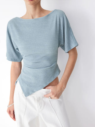 Textured Boat Neck Ruched Asymmetrical Hem Short Sleeve Tee