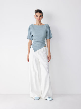 Textured Boat Neck Ruched Asymmetrical Hem Short Sleeve Tee