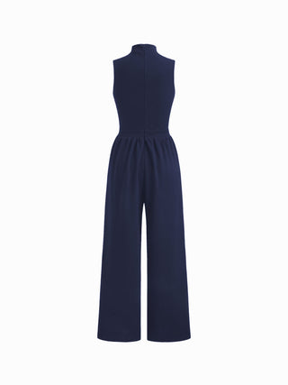 High Neck Solid Cut Out Patched Wide Leg Jumpsuit