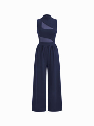High Neck Solid Cut Out Patched Wide Leg Jumpsuit