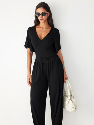 V-neck Bell Sleeve Ruched Jogger Jumpsuit