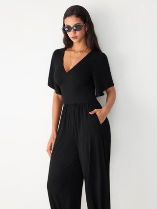 V-neck Bell Sleeve Ruched Jogger Jumpsuit