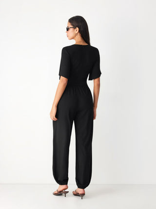 V-neck Bell Sleeve Ruched Jogger Jumpsuit
