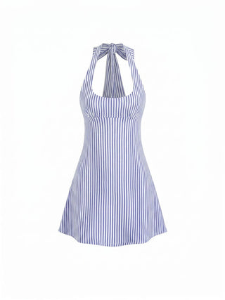 Cotton-Blend Striped Halter Neckline Backless A-Line Mini Dress