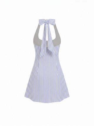 Cotton-Blend Striped Halter Neckline Backless A-Line Mini Dress