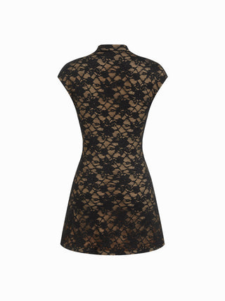 Lace Stand Collar Short Sleeve Cut Out Bowknot A-line Mini Dress
