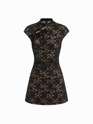 Lace Stand Collar Short Sleeve Cut Out Bowknot A-line Mini Dress