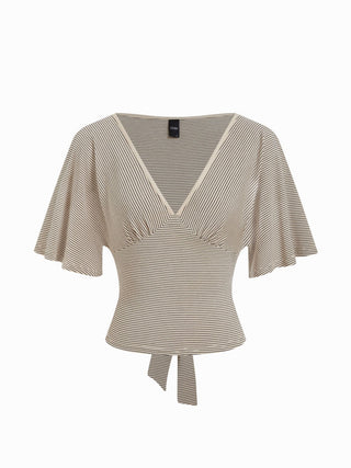 Lyocell-blend Striped V-neck Cloak Sleeve Ruched Tie Back Top