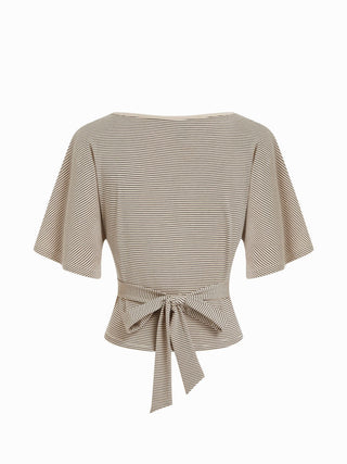 Lyocell-blend Striped V-neck Cloak Sleeve Ruched Tie Back Top
