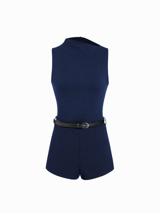 High Neck Sleeveless Belted Romper