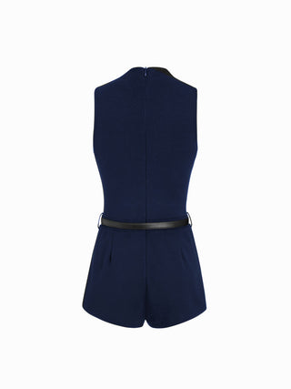 High Neck Sleeveless Belted Romper