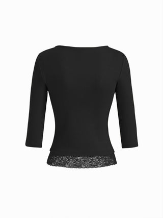 Cotton-blend V-neck Middle Sleeve Lace Trim Ruched Tee
