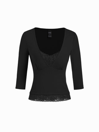 Cotton-blend V-neck Middle Sleeve Lace Trim Ruched Tee