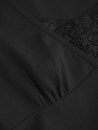 Cotton-blend V-neck Middle Sleeve Lace Trim Ruched Tee
