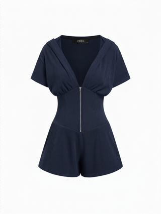 Knit Fabric Textured V-neck Ruched Front Romper For Daily Casual