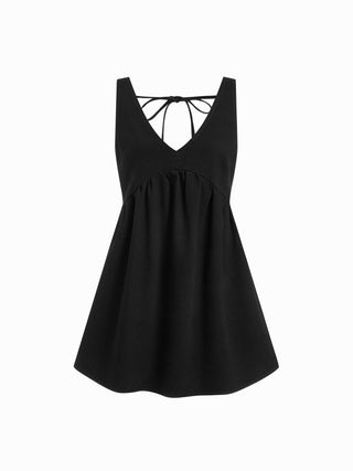 Denim V-neck Tie Back A-line Oversized Mini Dress