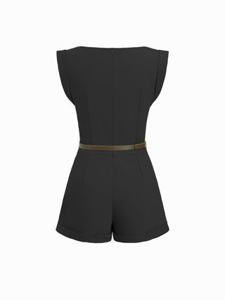 Boat Neck Pleated Metal Detail Mid Rise Romper With Belt