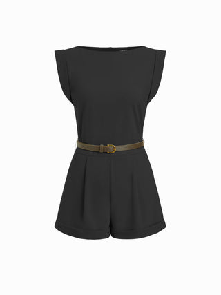 Boat Neck Pleated Metal Detail Mid Rise Romper With Belt