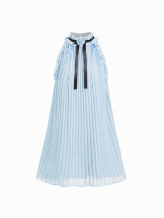 Chiffon Stand Collar Pleated Rosette Bowknot A-line Mini Dress