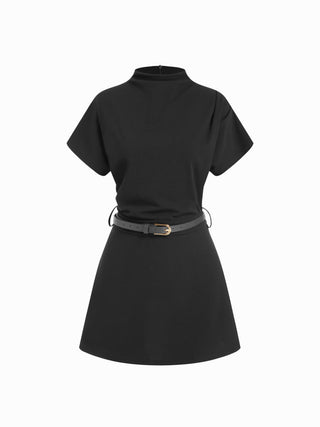 Stand Collar Short Sleeve Ruched A-line Mini Dress With Belt