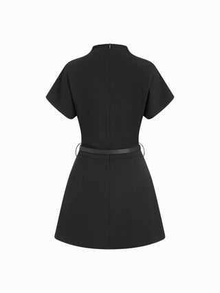 Stand Collar Short Sleeve Ruched A-line Mini Dress With Belt