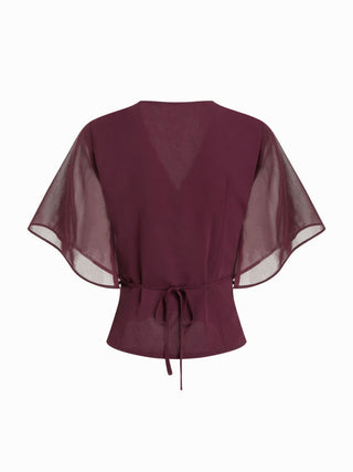 Chiffon V-neck Ruffle Sleeve Pleated Tie Back Blouse