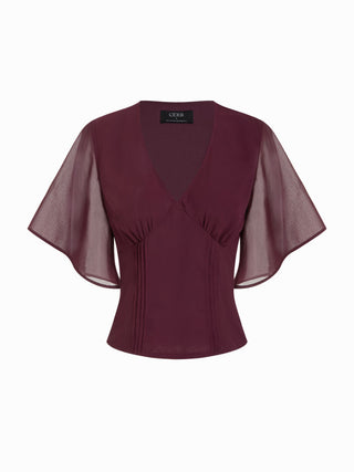 Chiffon V-neck Ruffle Sleeve Pleated Tie Back Blouse