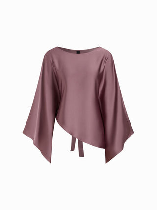 Satin Boat Neck Bell Sleeve Asymmetrical Blouse