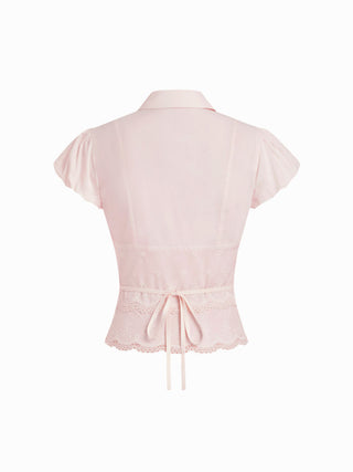 Cotton-blend Broderie Anglaise Puff Sleeve Scalloped Lace Trim Blouse