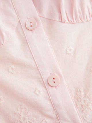 Cotton-blend Broderie Anglaise Puff Sleeve Scalloped Lace Trim Blouse
