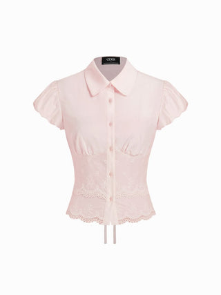 Cotton-blend Broderie Anglaise Puff Sleeve Scalloped Lace Trim Blouse