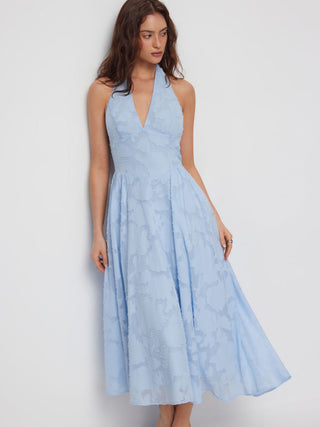 Jacquard Floral Halter Neckline Backless Flared Maxi Dress