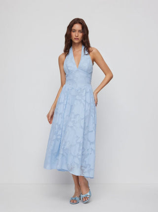 Jacquard Floral Halter Neckline Backless Flared Maxi Dress