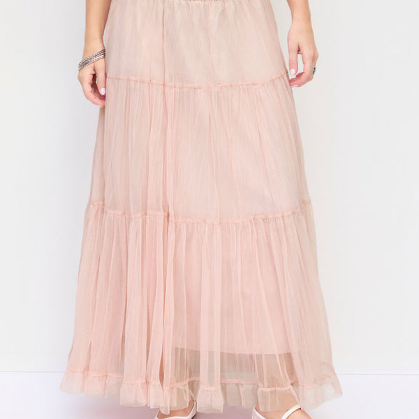 Chiffon Mid Rise Ruffle Hem Tiered Maxi Skirt