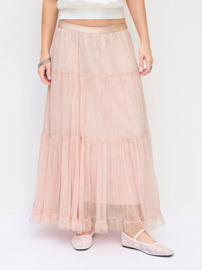 Chiffon Mid Rise Ruffle Hem Tiered Maxi Skirt