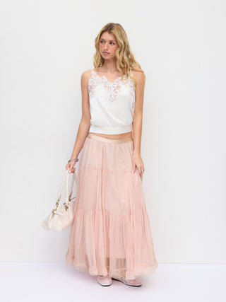 Chiffon Mid Rise Ruffle Hem Tiered Maxi Skirt