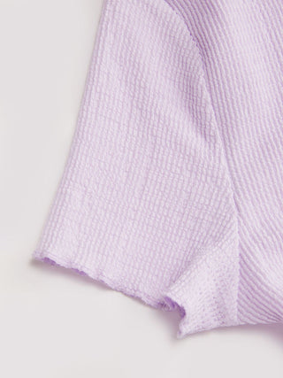 Textured Boat Neck Button Up Lettuce Trim Short Sleeve Top