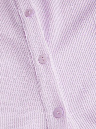 Textured Boat Neck Button Up Lettuce Trim Short Sleeve Top