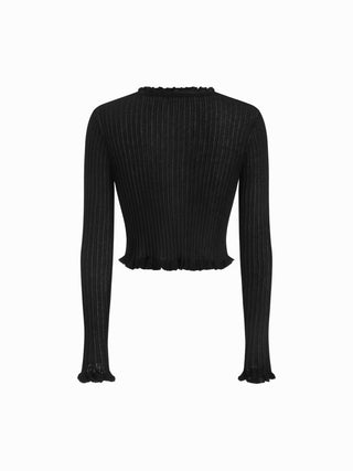Knit Textured V-neck Tie Front Ruffle Sleeve Crop Top