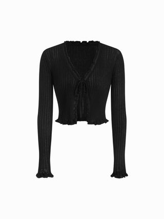 Knit Textured V-neck Tie Front Ruffle Sleeve Crop Top