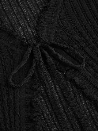 Knit Textured V-neck Tie Front Ruffle Sleeve Crop Top