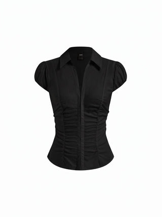 Cotton-blend Ruched Puff Sleeve Longline Blouse